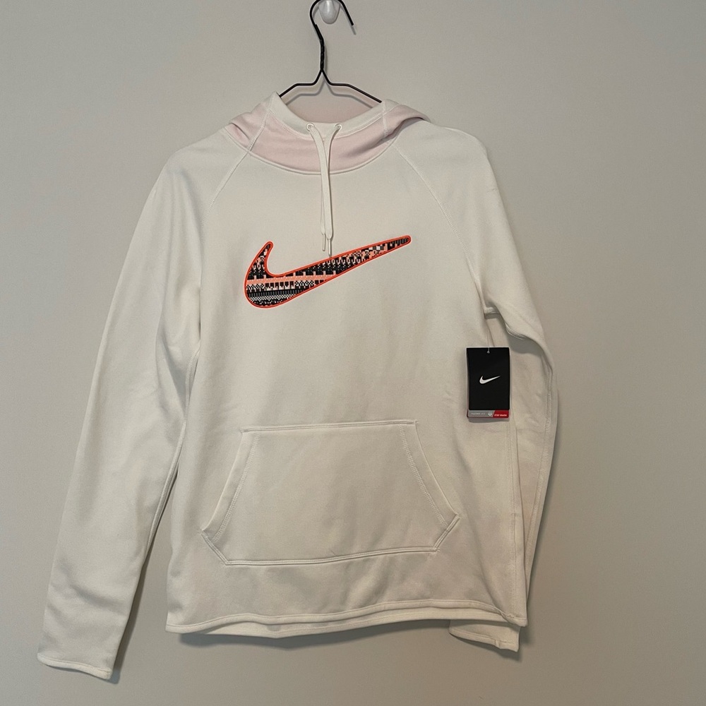 Womens Nike therma-fit small hooded sweatshirt! White with designed swoosh!